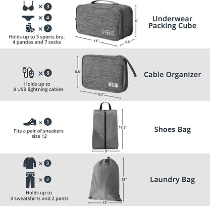 7 Set Compression Packing Cubes for Travel - Compressible, Lightweight, and Space-Saving Packing Cubes, Travel Essentials for Women, Grey