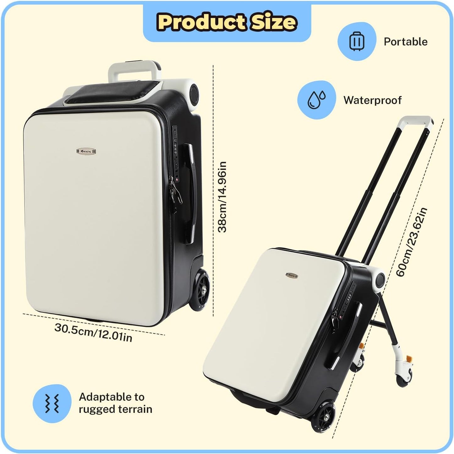 FAHKNS Ride on Suitcase luggage with Seat for Kids,21 inch Hardside Carry on Luggage with Wheels for Travel,2-in-1 Case & Baby Stroller,White