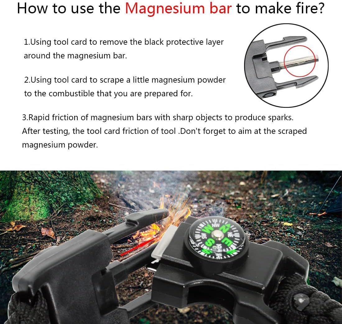 20 in 1 Survival Paracord Bracelet Adjustable Gear Kit with SOS LED Light, Fire Starter, Bigger Compass, Survival Whistle, Perfect for Camping, Hiking, Fishing