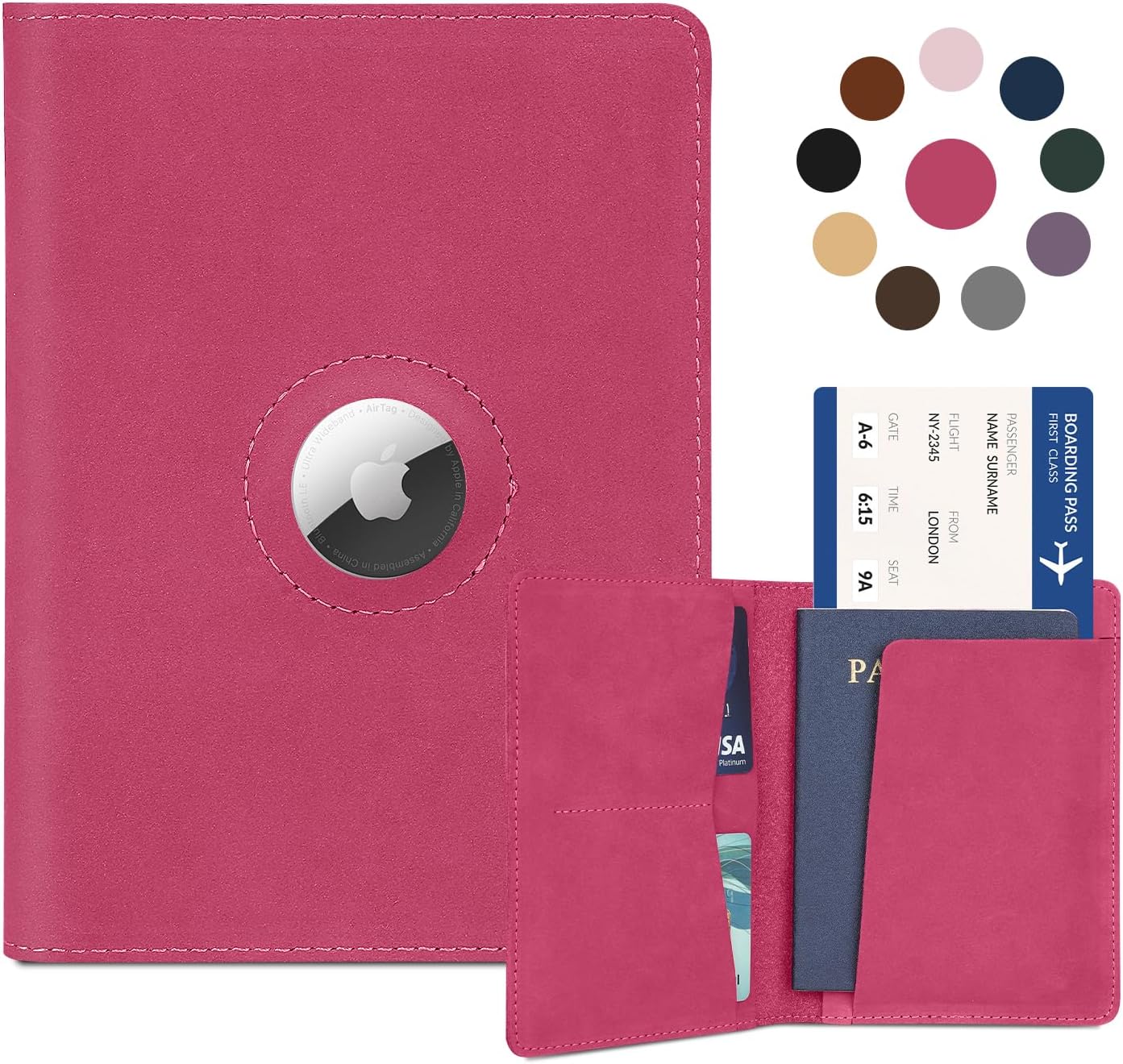 Airtag Passport Holder for Women Men Travel, Real Leather Passport Wallet, Handmade Passport Cover Case with Airtag Slot, Travel Must Haves Essentials Accessories Birthday Gifts(Crazy Horse, Rose Red)