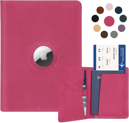 Airtag Passport Holder for Women Men Travel, Real Leather Passport Wallet, Handmade Passport Cover Case with Airtag Slot, Travel Must Haves Essentials Accessories Birthday Gifts(Crazy Horse, Rose Red)