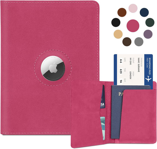 Airtag Passport Holder for Women Men Travel, Real Leather Passport Wallet, Handmade Passport Cover Case with Airtag Slot, Travel Must Haves Essentials Accessories Birthday Gifts(Crazy Horse, Rose Red)