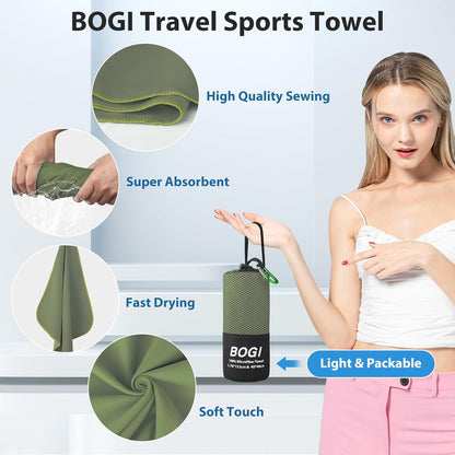 BOGI Microfiber Travel Sports Towel-Quick Dry Travel Towel,Soft Lightweight Absorbent Compact for Camping Gym Beach Bath Yoga Swimming Backpacking (L:60''x30''+16''x16''-AGreen)