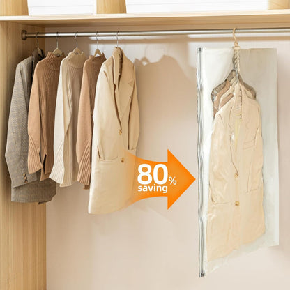 Hanging Vacuum Storage Bags with Electric Pump – 6 Pack (3 Long, 3 Short) Hanging Vacuum Seal Bags for Clothing, Space-Saving Compression Bags for Suits, Jackets, Travel Wear & Coats