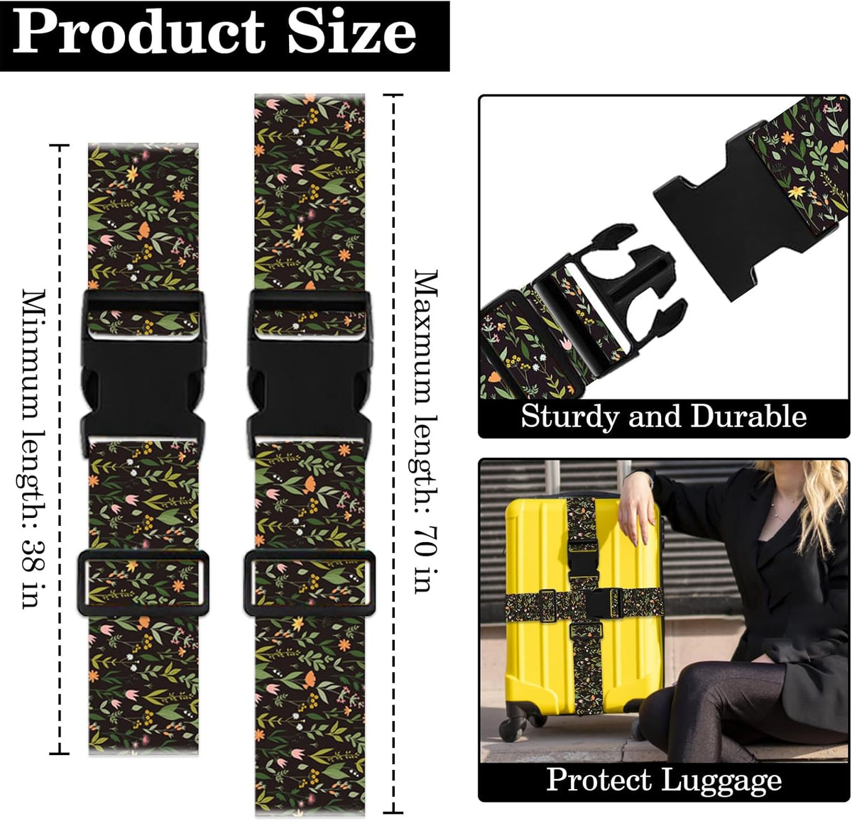 Wildflower Luggage Straps for Suitcases TSA Approved, Luggage Identifiers for Suitcase, Adjustable Suitcase Strap for Baggage Security with Cute Patten, Travel Necessary Accessories