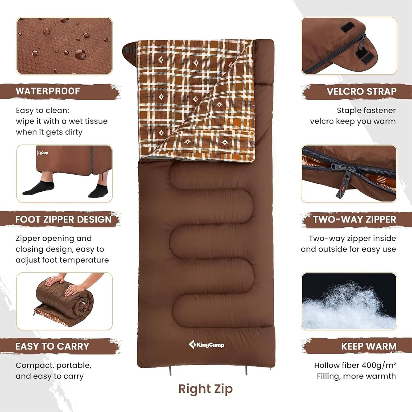 KingCamp Sleeping Bag for Adults, Cold Weather & Warm XL Big and Tall Flannel Sleeping Bags with Compression Sack Portable Waterproof Essentials Gear Accessories for Outdoor Camping