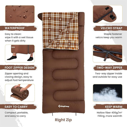 KingCamp Sleeping Bag for Adults, Cold Weather & Warm XL Big and Tall Flannel Sleeping Bags with Compression Sack Portable Waterproof Essentials Gear Accessories for Outdoor Camping