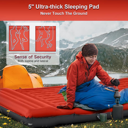 Double Sleeping Pad Camping, Self Inflating 6'' Extra-Thick 2 Person Pillow Built-in Foot Pump Waterproof Inflatable Sleeping Mat Backpacking, Tent, Hiking, Portable Camping Pad (Orange-Black)