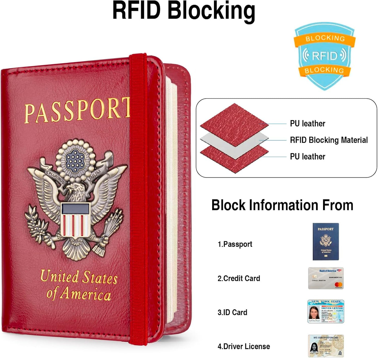 Passport Holder for Travel Passport Cover for Men Passport Wallet Case with Metal 3D Metal Badge Protector Leather Card Case RFID Blocking Women Travel Accessories Document Organizer (Red)