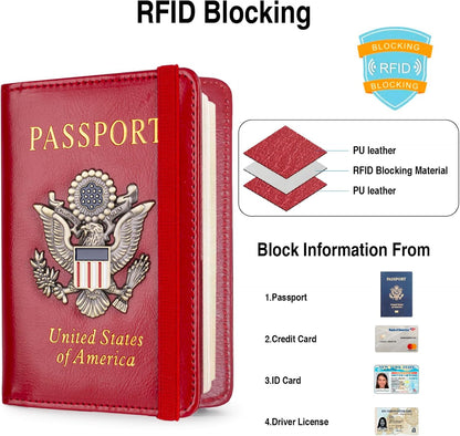 Passport Holder for Travel Passport Cover for Men Passport Wallet Case with Metal 3D Metal Badge Protector Leather Card Case RFID Blocking Women Travel Accessories Document Organizer (Red)