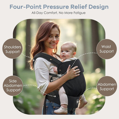 Baby Carrier with Lumbar Support, Cozy Baby Carrier Newborn to Toddler with Adjustable Seat Size, Ergonomic Infant Carrier with 3-Way Carry, Front Facing Toddler Hodler Carrier for Mom & Dad, Black