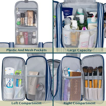 PAVILIA Extra Large Toiletry Bag Travel Bag for Women Men, Hanging Cosmetic Organizer, Water Resistant Makeup Bag for Accessories Toiletries, Travel Essentials Kit (Stripe Navy)