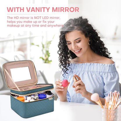 Large Makeup Bag with Mirror Double Layer Travel Make Up Organizer Case, Large Capacity Coemetic with Brush Slot Divider, Travel Toiletry Bag for Women (Lake Blue)