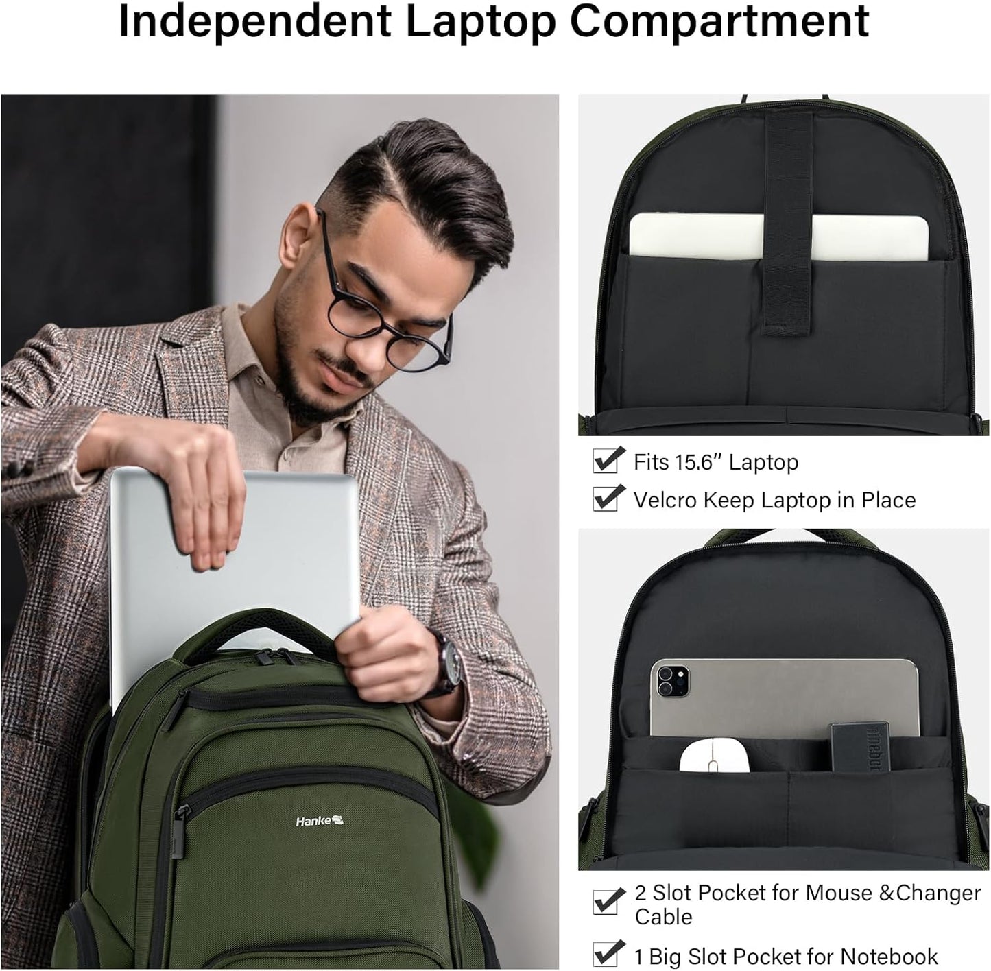 Hanke College Laptop Backpack Multi-Pocket, 18-Inch Large Travel Backpack for Men Women, Water Resistant College Bookbag for 15.6 Inch Laptop, Casual Daily Personal Item Size,Army Green