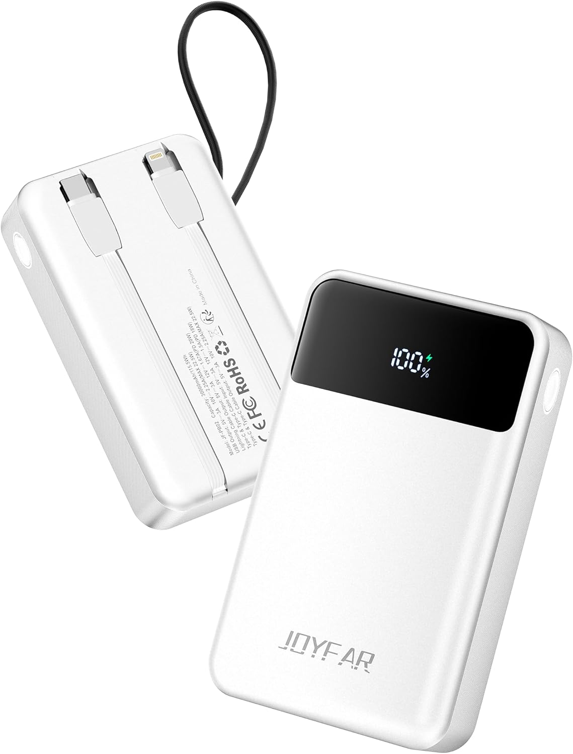 Portable-Charger-Power-Bank Travel Essentials Battery Pack USB C 30000mAh Built in Cable 22.5W Phone Fast Charging Powerbank Compatible with iPhone 16 15 14 13 12 11 iPad Samsung Google (White)