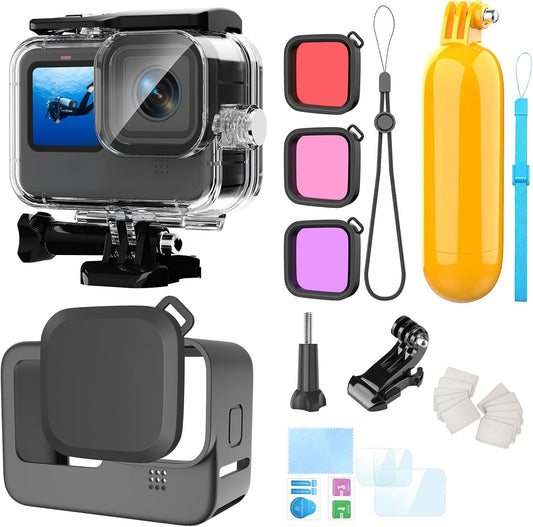 HONGDAK Waterproof Housing Case Accessories Kit 16in1 for Gopro Hero 12 11 10 9 Black,196FT/60M Underwater Protective Housing Dive Kit with Float Handle Sleeve Lens Cap Filters Anti-Fog Inserts
