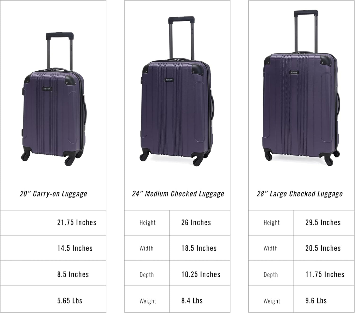 Kenneth Cole REACTION Out of Bounds Lightweight Hardshell 4-Wheel Spinner Luggage, Smokey Purple, 3-Piece Set (20", 24", & 28")