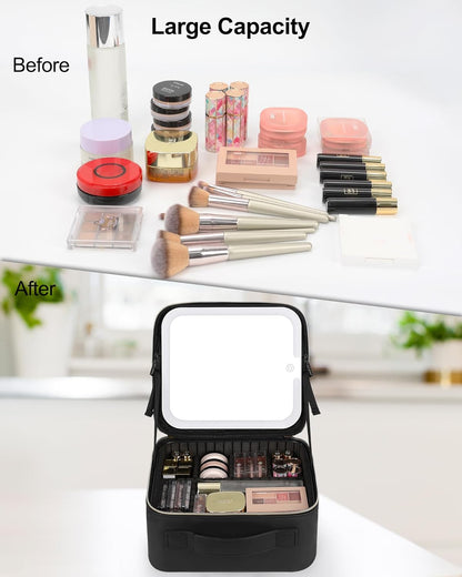 Chomeiu Makeup Bag with LED Mirror, Travel Makeup Case for Women and Makeup Artists Cosmetic Organizer Large Make Up Bags with Light Up Mirror, 3 Color Lights, Adjustable Dividers and Brush Holder