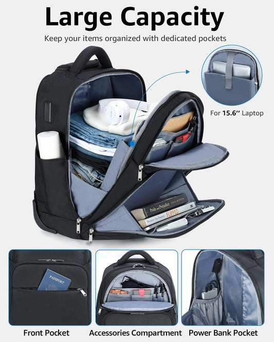 Rolling Backpack, 30L Travel Laptop Backpack with Wheels, 15.6 Inch Roller Carry on Luggage with USB Charging Port, Flight Approved Personal Item Wheeled Suitcase for Men Women Adults, Black