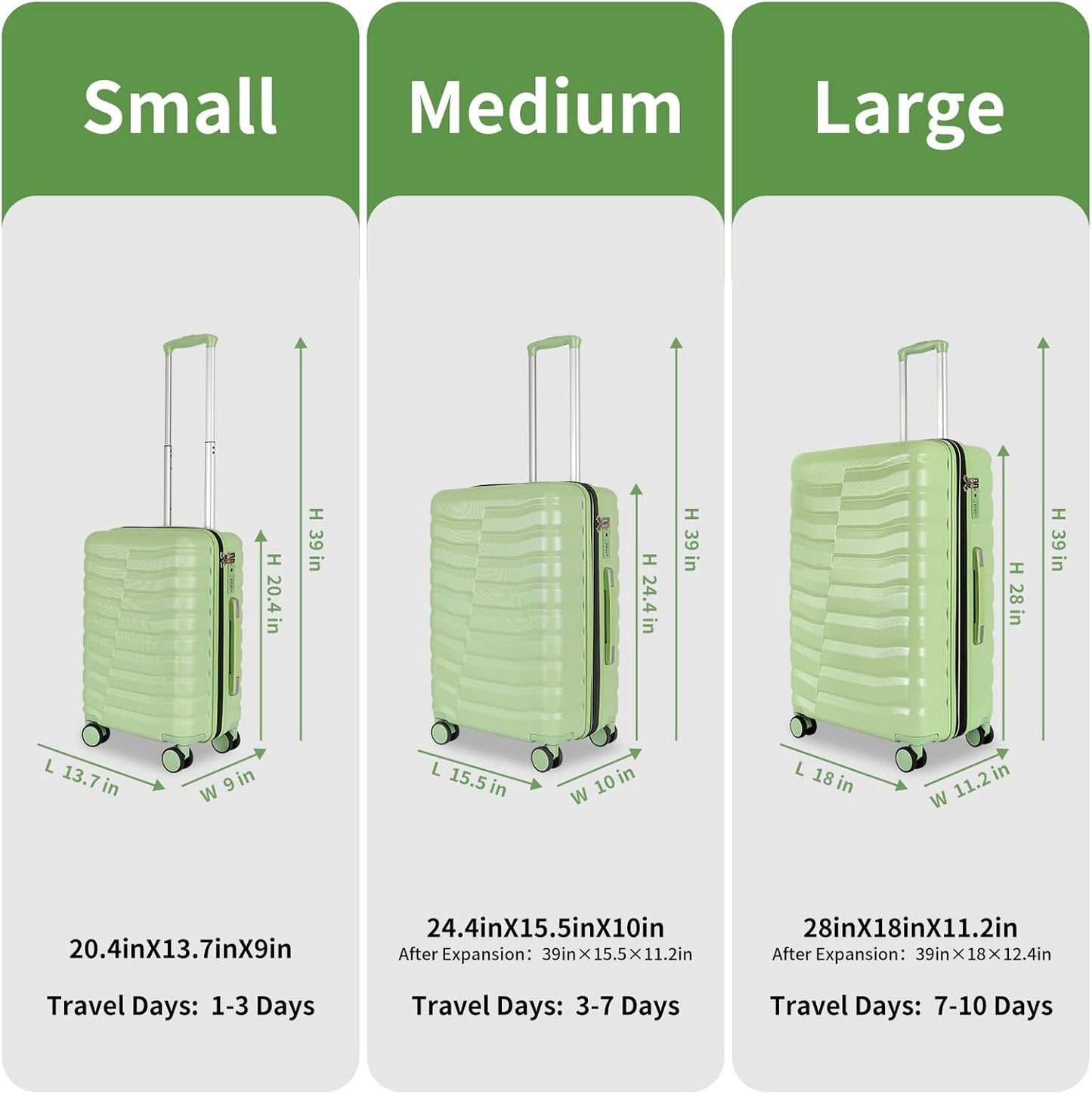 Lightweight Luggage with Spinner Wheels & YKK Zipper, 3-Piece Travel Suitcase ABS+PC Hardshell Luggage Set with TSA Lock, Light Avocado Green (20+24+28 inch)
