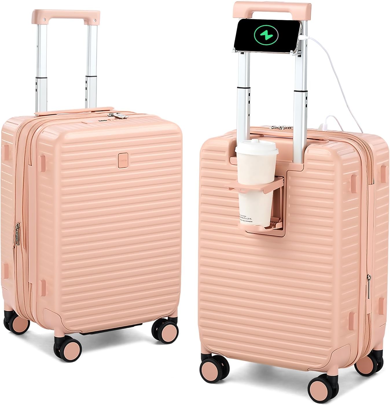Hard Shell Suitcases 20 Inch Carry on Luggage Airline Approved, Expandable Travel Luggage with Cup Holder Charger Built in Lightweight Small Suitcase with Wheels, Pink
