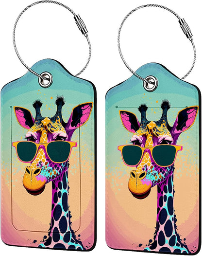Funny Gunglasses Giraffe Luggage Tag Personalized Luggage Tags for Suitcases,Leather Bag Tags for Backpacks Handbag with Name ID Label Travel Essentials Baggage Tags 2 Pack