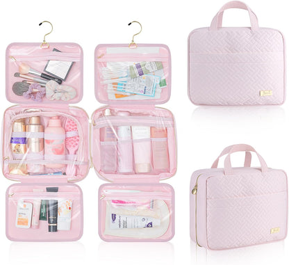 Hanging Travel Toiletry Bag for Women Detachable Toiletry Bag with 6 Compartments Large Makeup Bag Cosmetic Organizer for Bathroom Shower Business Trips Camping, Pink