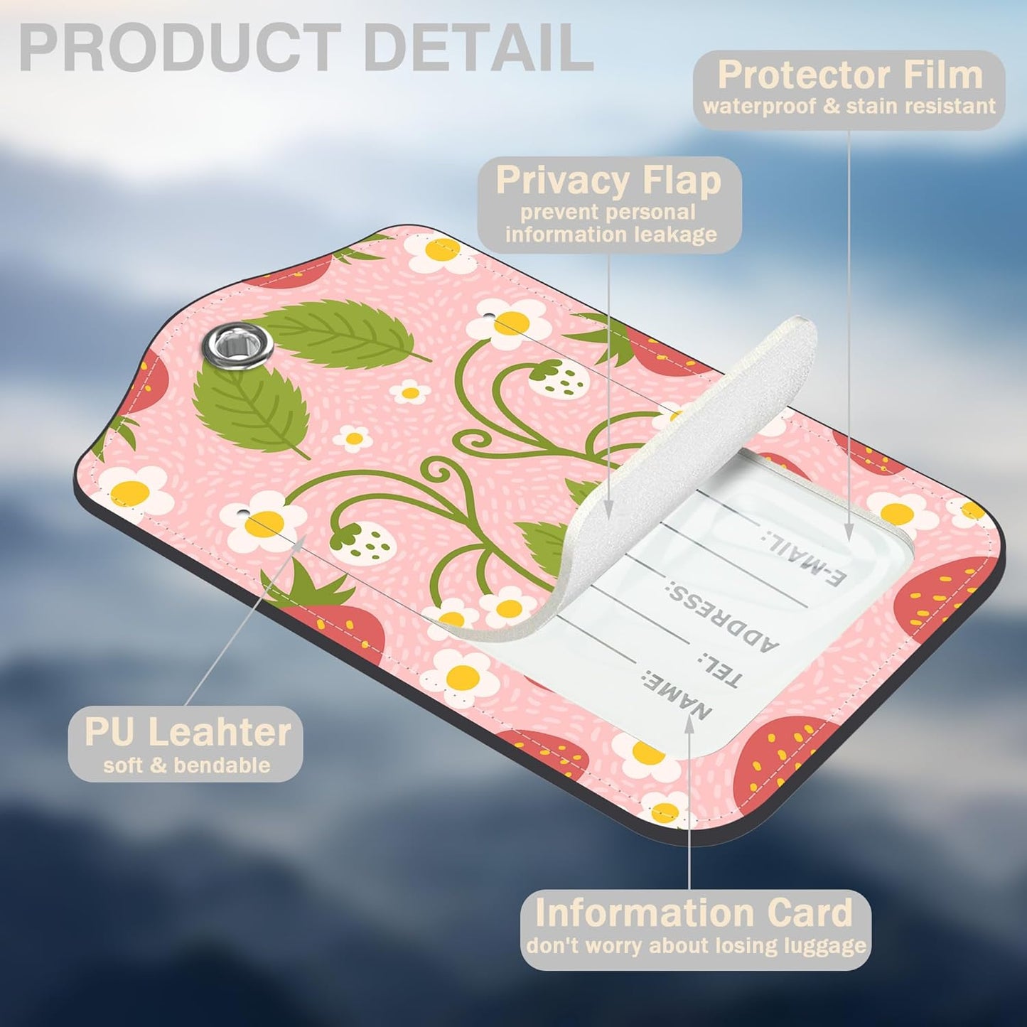 2 Pack Luggage Tags for Suitcases Strawberry and Flowers Leather Luggage Tags Privacy Cover ID Label with Stainless Steel Loop and Address Card for Women Men Travel Bag Backpack