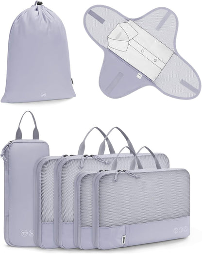 WANDF 7 Set Compression Packing Cubes for Travel, Shirt Folder for Wrinkle-Free, Suitcase Organizer Bags Set for Carry-On Checked Luggage Duffle Bag Women Men(Gray-blue)