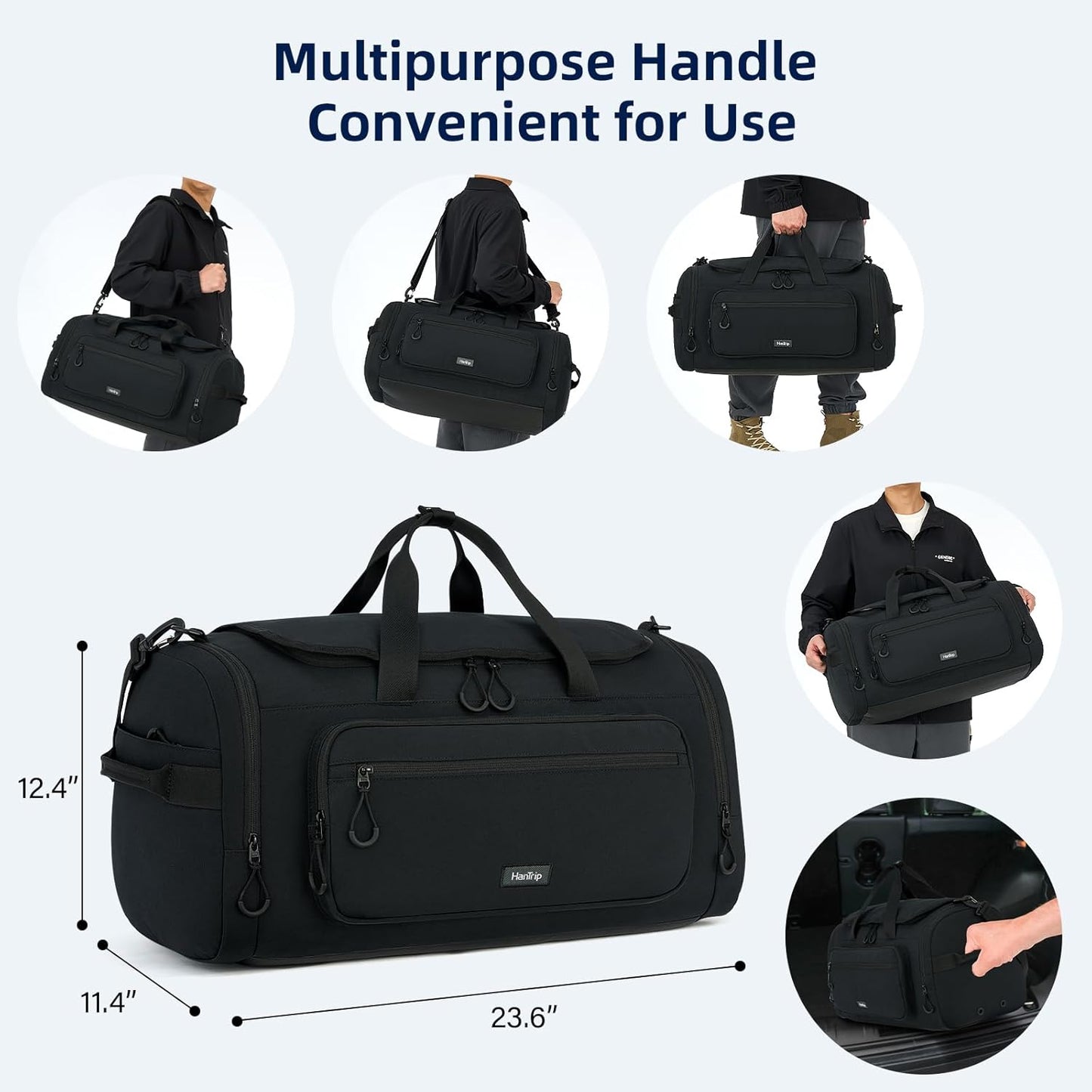 Large Travel Duffle Gym Bag with Shoe Compartment, Underseat Carry On Luggage Overnight Weekender Personal Item Workout Bags for Women Men (Black)