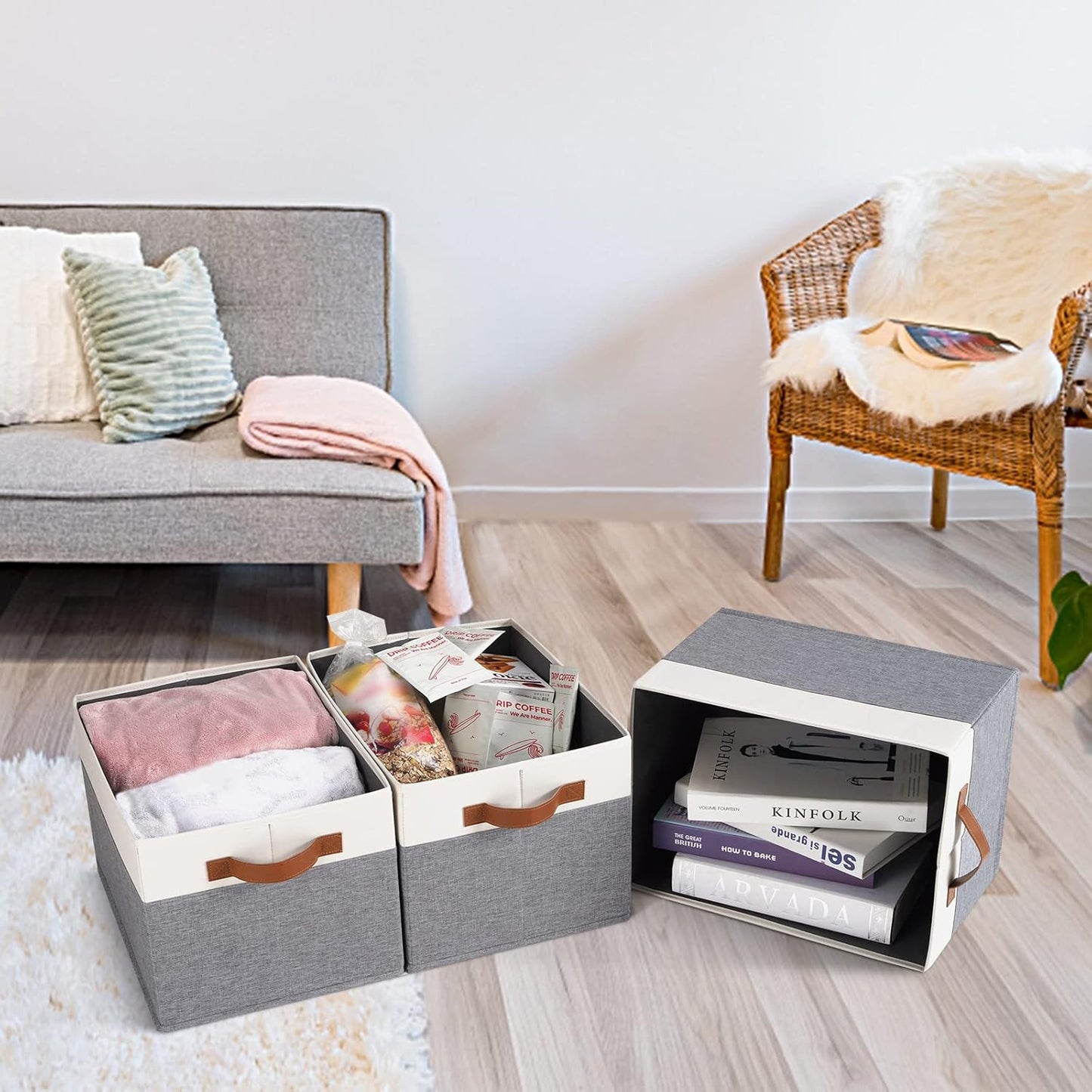 Large Fabric Storage Bins, Foldable Fabric Storage Baskets for Shelves, Sturdy Storage Boxes with PU Handles for Organizing Closet Home Bedroom Office (26L, 3 Packs, Grey&White)