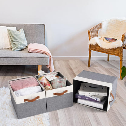 Large Fabric Storage Bins, Foldable Fabric Storage Baskets for Shelves, Sturdy Storage Boxes with PU Handles for Organizing Closet Home Bedroom Office (26L, 3 Packs, Grey&White)