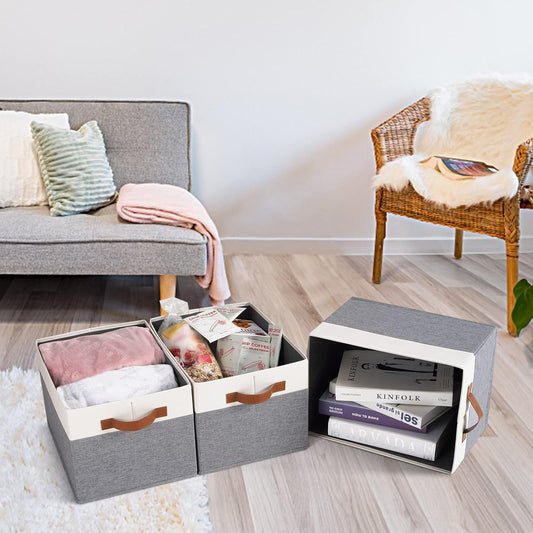 Large Fabric Storage Bins, Foldable Fabric Storage Baskets for Shelves, Sturdy Storage Boxes with PU Handles for Organizing Closet Home Bedroom Office (26L, 3 Packs, Grey&White)