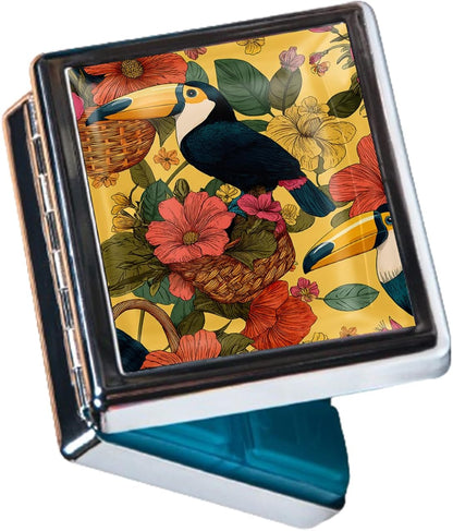 8‑Compartment Metal Pill Box Organizer – Portable Medicine Case 3″×2.6″ | Food‑Grade Dividers | Secure Snap Button Lid | Travel & Gift for Seniors (Tropical Toucan Garden)