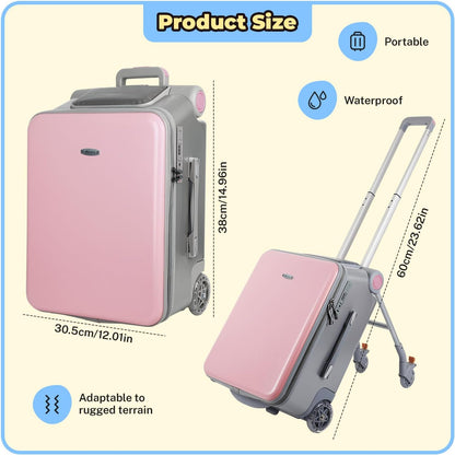 FAHKNS Children's Ride-On Suitcase,Kids Carry on Luggage with Wheels,Rolling Travel Luggage With Kids Seat for Airplane，2-in-1 Case & Baby Stroller,Pink
