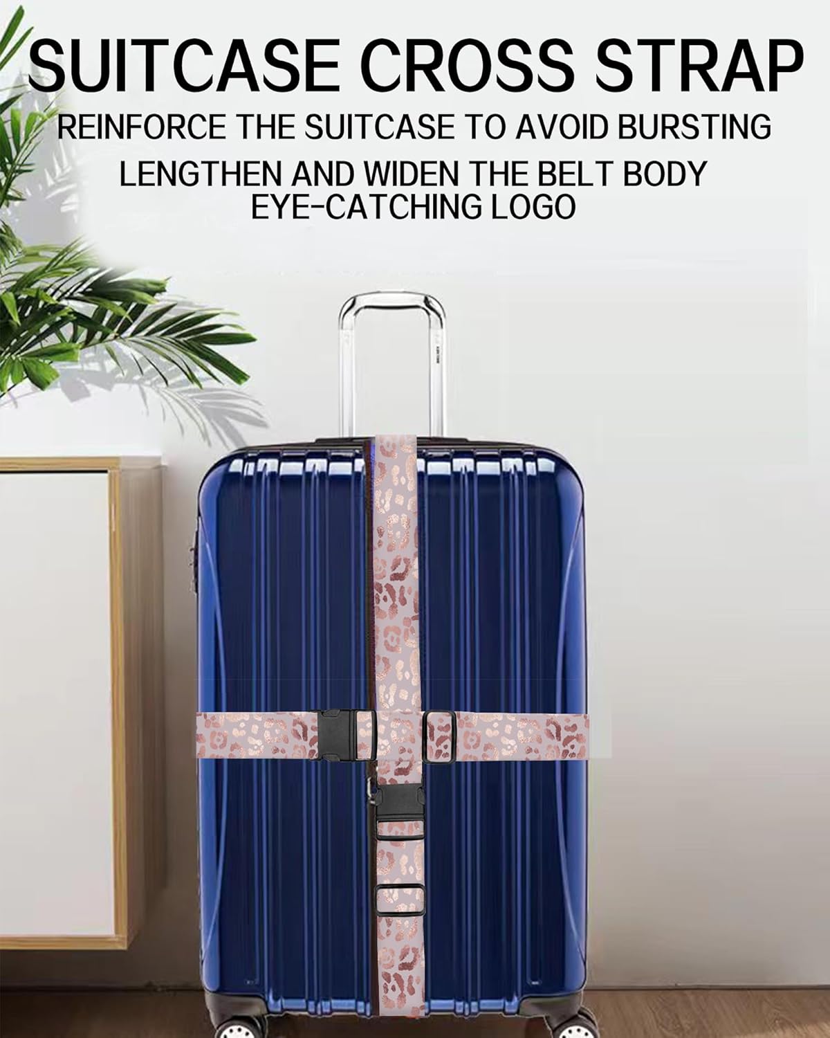 Luggage Straps for Suitcases, Adjustable Travel Belt, Durable Wide Luggage Strap, Cute Suitcase Strap Identifiers with Buckle, Bag Straps for Luggage, Glitter Pink Leopard