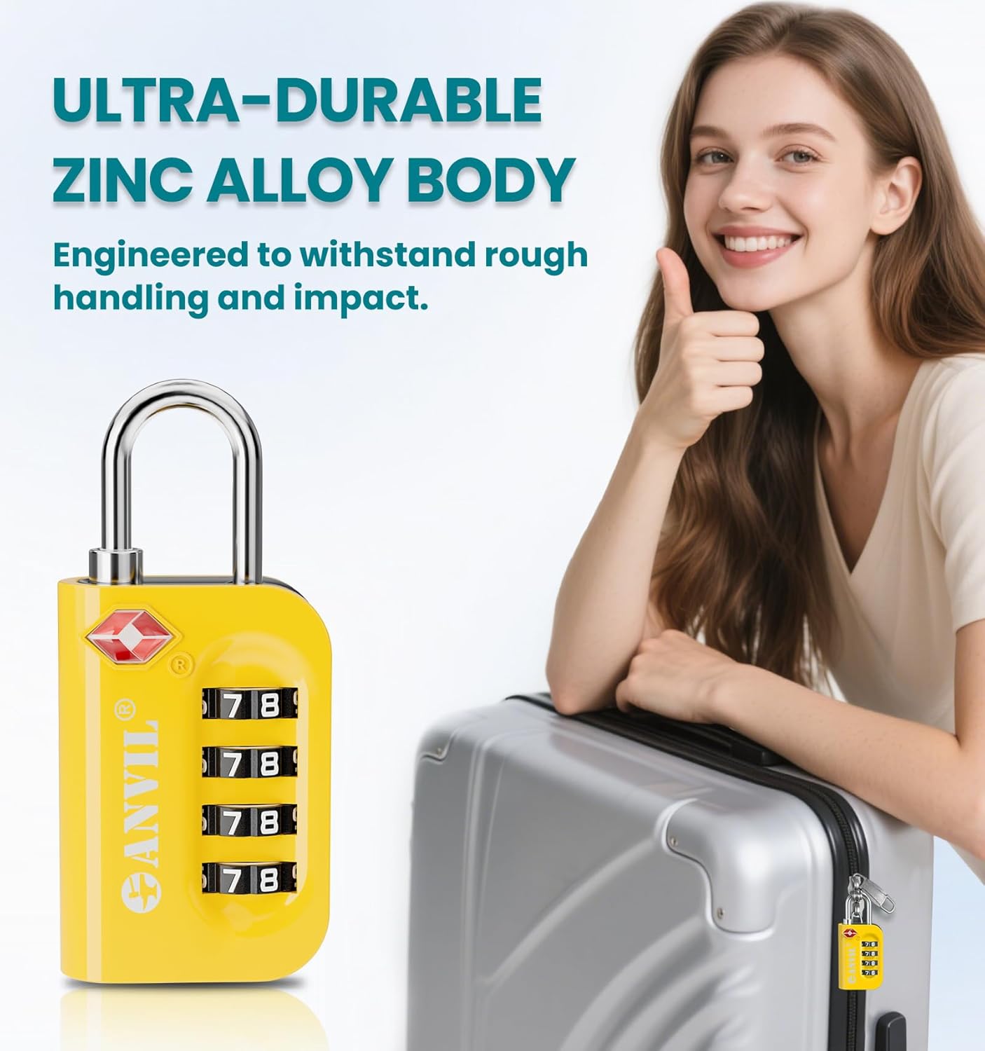 ANVIL TSA Approved Luggage Lock - 4 Digit Combination, 10,000 Combinations, Easy-Read Password Window, Travel Lock for Suitcases, Backpacks, Gym & Student Lockers, Baggage