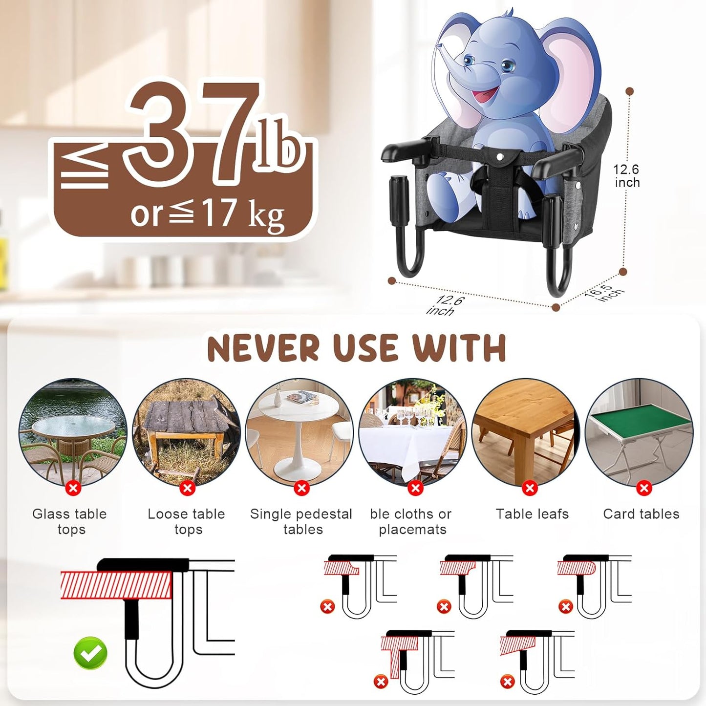 Hook On High Chair for Baby Toddlers (6-36 Months),Attach to Fast Table Chairs,Portable High Chair for Travel and Home,Restaurants,Foldable Storage Feeding Seat, Booster Seat for Kitchen Chair