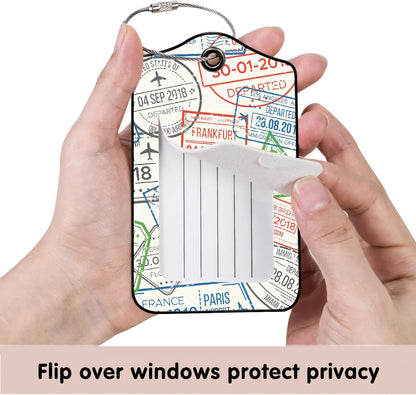 Luggage Tags for Suitcases, 2-Pack PU Leather for Cruise & Travel, Baggage ID Tags with Privacy Cover & Address Card, Durable Metal Ring, Kids Adults Travel Accessories, Global Stamps