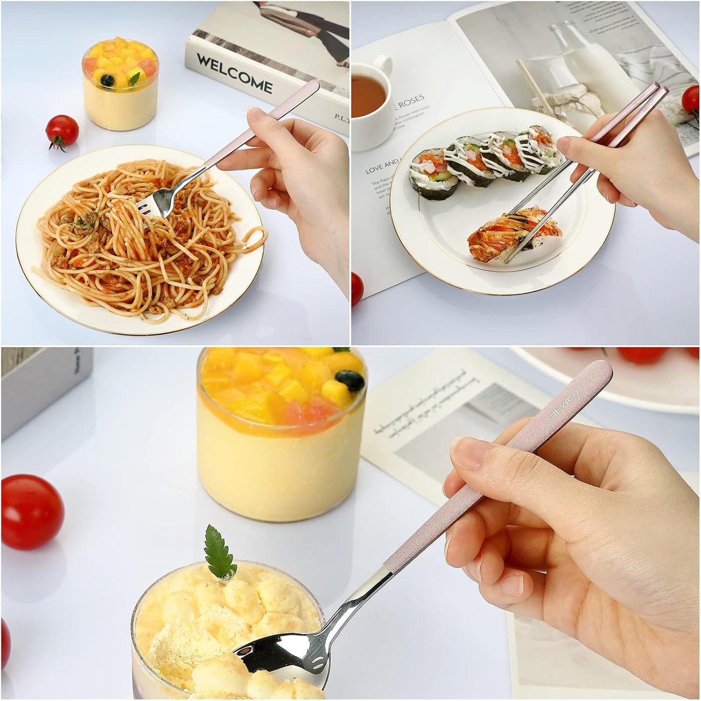 DEVICO Portable Travel Utensils with Case, Reusable Camping Silverware for Lunch, 18/8 Stainless Steel Cutlery Set (Pink)