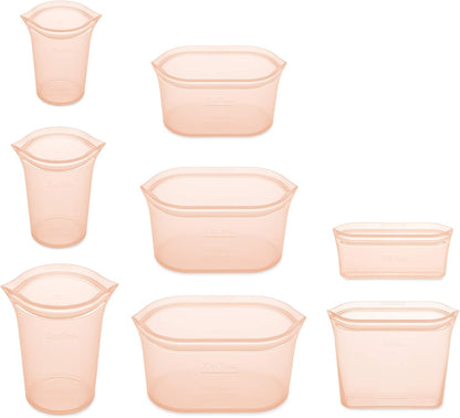 Zip Top Reusable Food Storage Bags | Full Set of 8 [Peach] | Silicone Meal Prep Container | Microwave, Dishwasher and Freezer Safe | Made in the USA