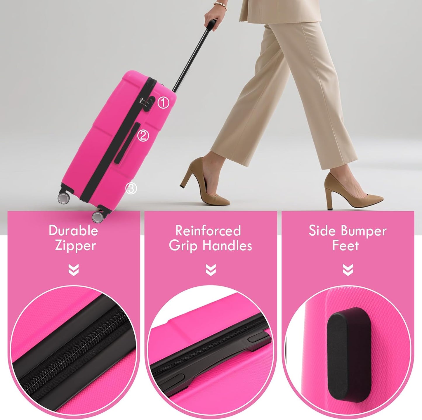 Merax Luggage Sets of 3 Piece Carry on Suitcase Airline Approved,Hardcase Suitcase Set with Double Spinner Wheels,Pink