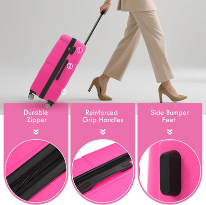 Merax Luggage Sets of 3 Piece Carry on Suitcase Airline Approved,Hardcase Suitcase Set with Double Spinner Wheels,Pink