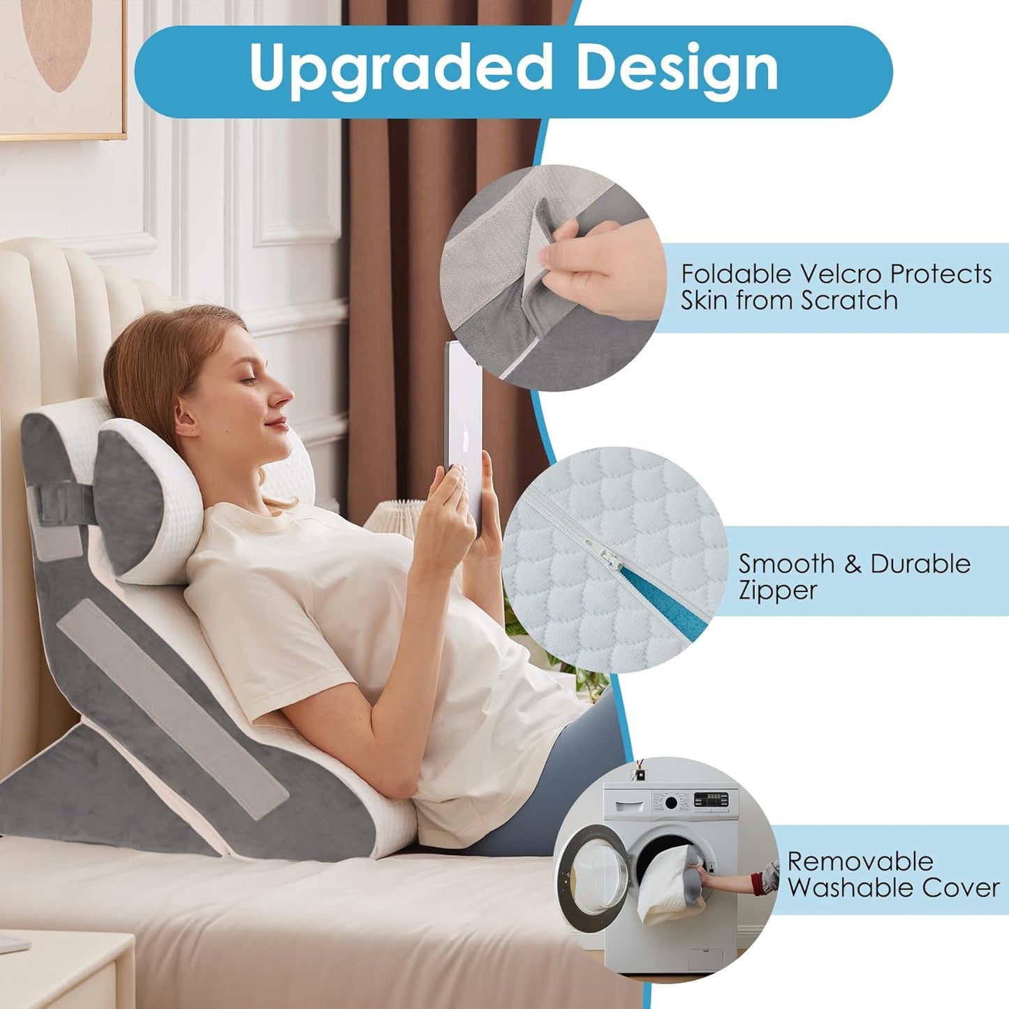 4PCS Bed Wedge Pillow for Headboard, Adjustable Wedge Pillow for Sleep Apnea, 23” Wide Triangle Pillow Wedge Set for After Surgery, Acid Reflux Relief, Snoring, Neck&Back Support, White/Grey