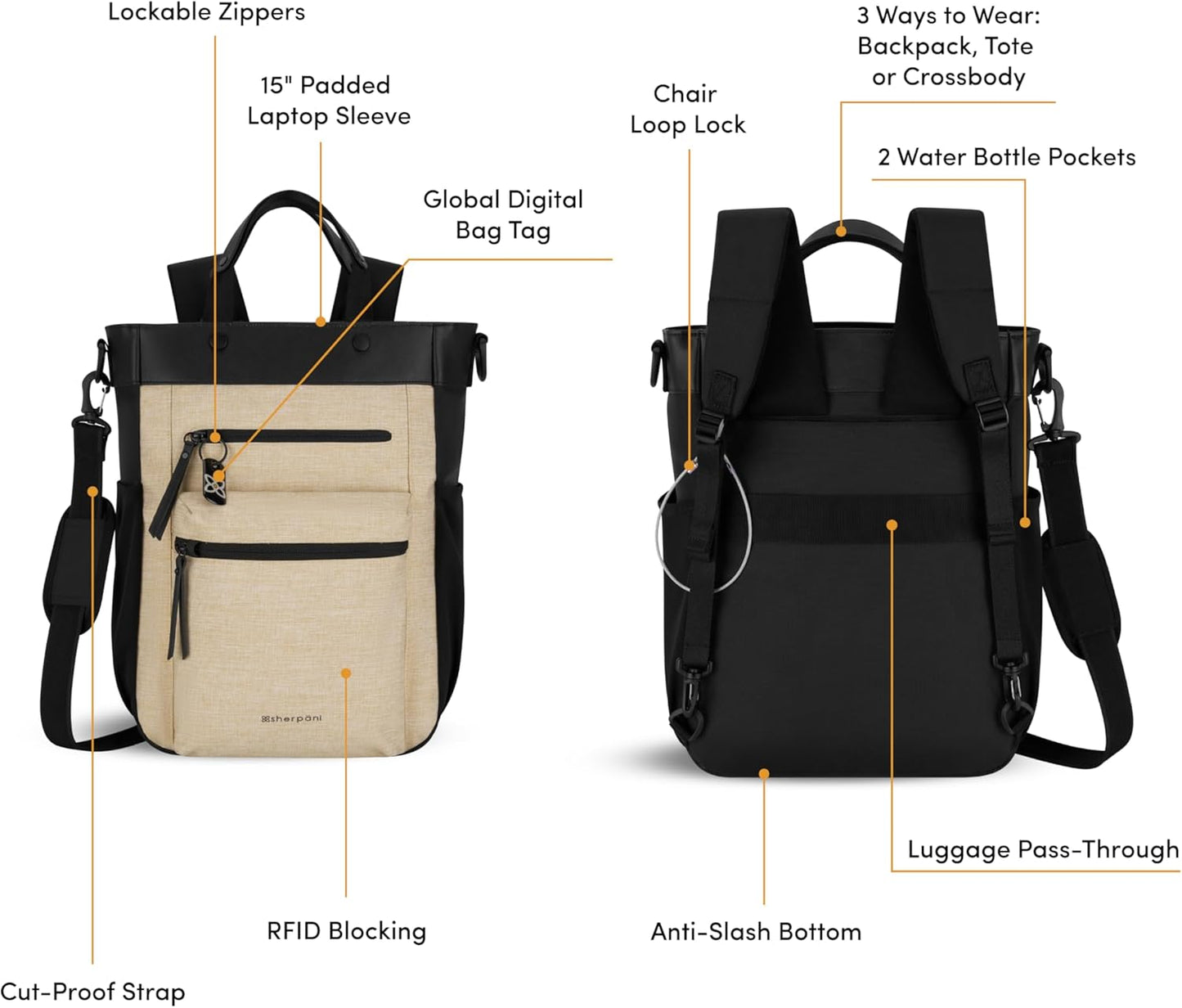 Sherpani Soleil, Anti Theft Convertible Backpack, 3 in 1 Tote Bag, Crossbody Bag, Cross Body Purse, 18L Travel Backpack, Travel Gifts for Women, RFID Protection, Fits 13” Laptop (Straw Lite)