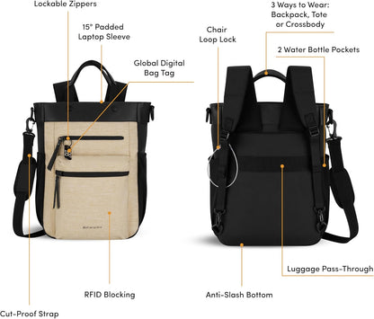 Sherpani Soleil, Anti Theft Convertible Backpack, 3 in 1 Tote Bag, Crossbody Bag, Cross Body Purse, 18L Travel Backpack, Travel Gifts for Women, RFID Protection, Fits 13” Laptop (Straw Lite)