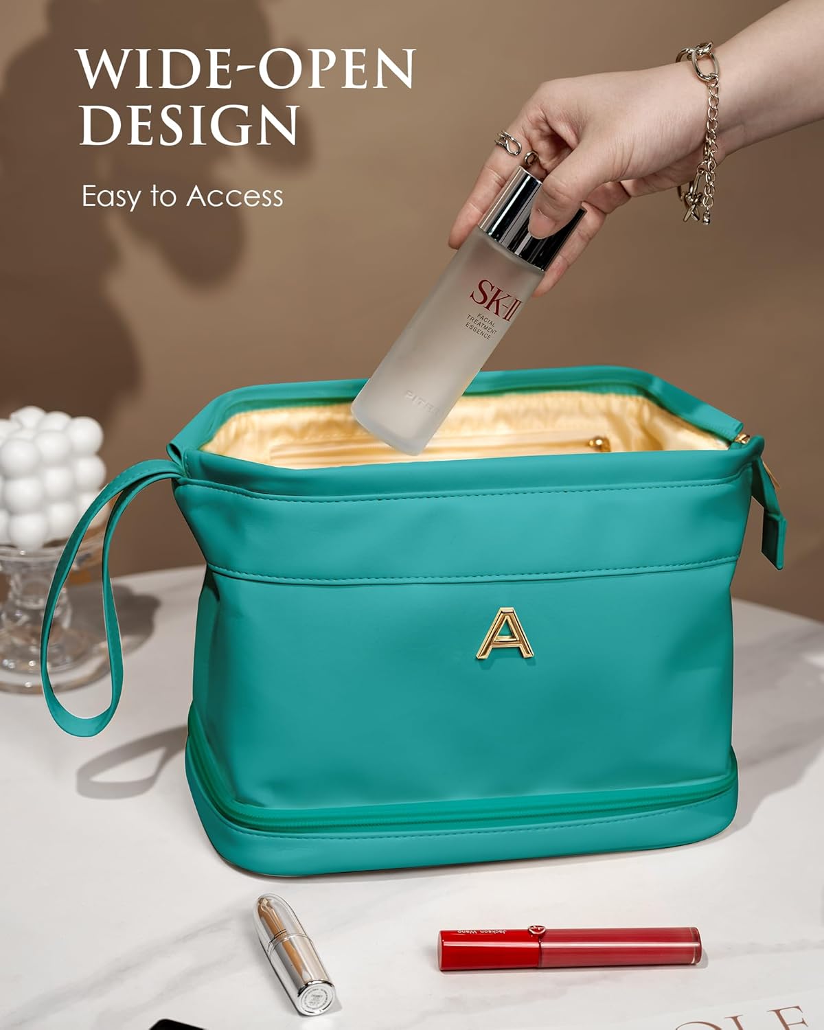 Wedding Party Gifts, Birthday Gift for Her, Makeup Bags, Waterproof Double Layer Cosmetic Bag, Large Capacity PU Leather Makeup Bags Letter Travel Toiletry Bag, Initial Gifts for Coworkers