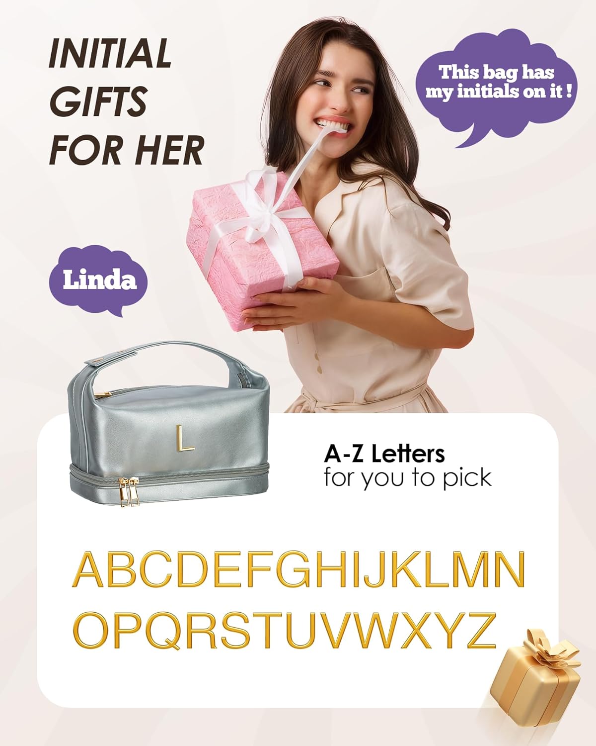 Makeup Bag For Teens 16-18, Personalized Makeup Bag with Handle, Initial Double Layer Cosmetic Bag with Makeup Brush Organizer, Cute Cosmetic Pouch for Women, Gifts for Friends Female Mom