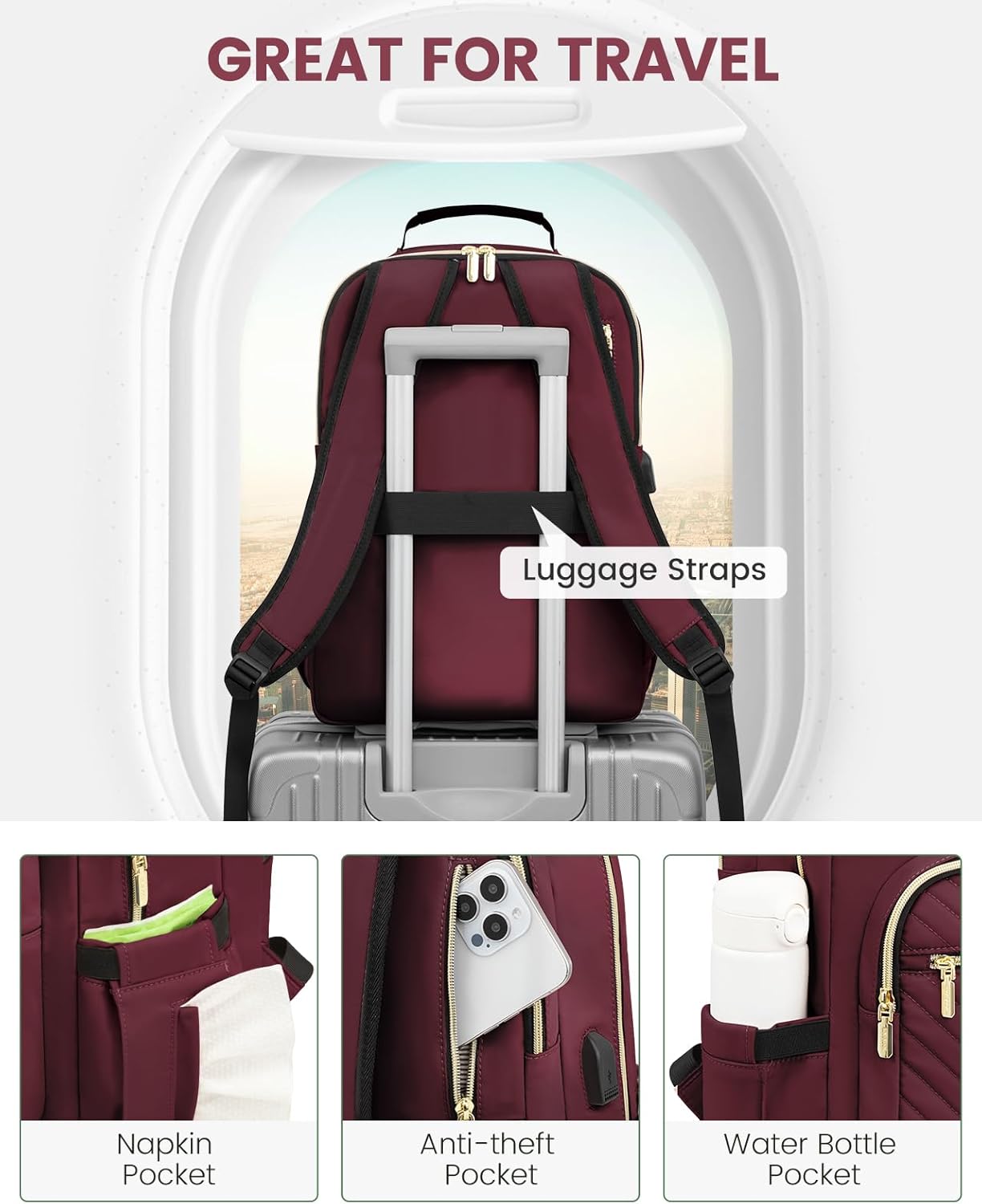 LOVEVOOK Laptop Backpack for Women, Large Travel Computer Work Bag, Business Teacher Nurse College Backpack Purse, Hiking Outdoor Carry On Backpack with 17.3-inch Laptop Compartment, Wine Red