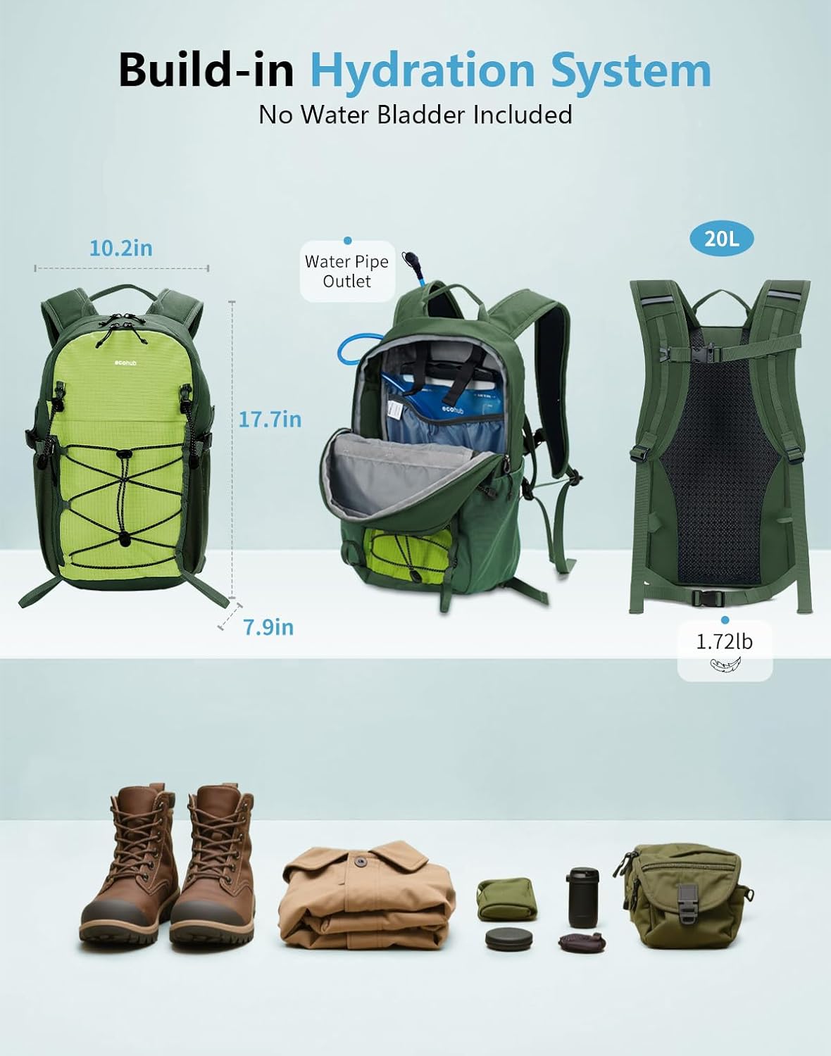 ECOHUB Small Hiking Backpack for Men Women, 20L Lightweight Travel Backpacks Water Resistant Camping Cycling Hiking Daypack